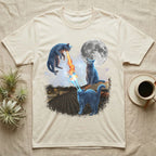 Three blue cartoon cats on a rooftop, one breathing fire, one shooting lasers.