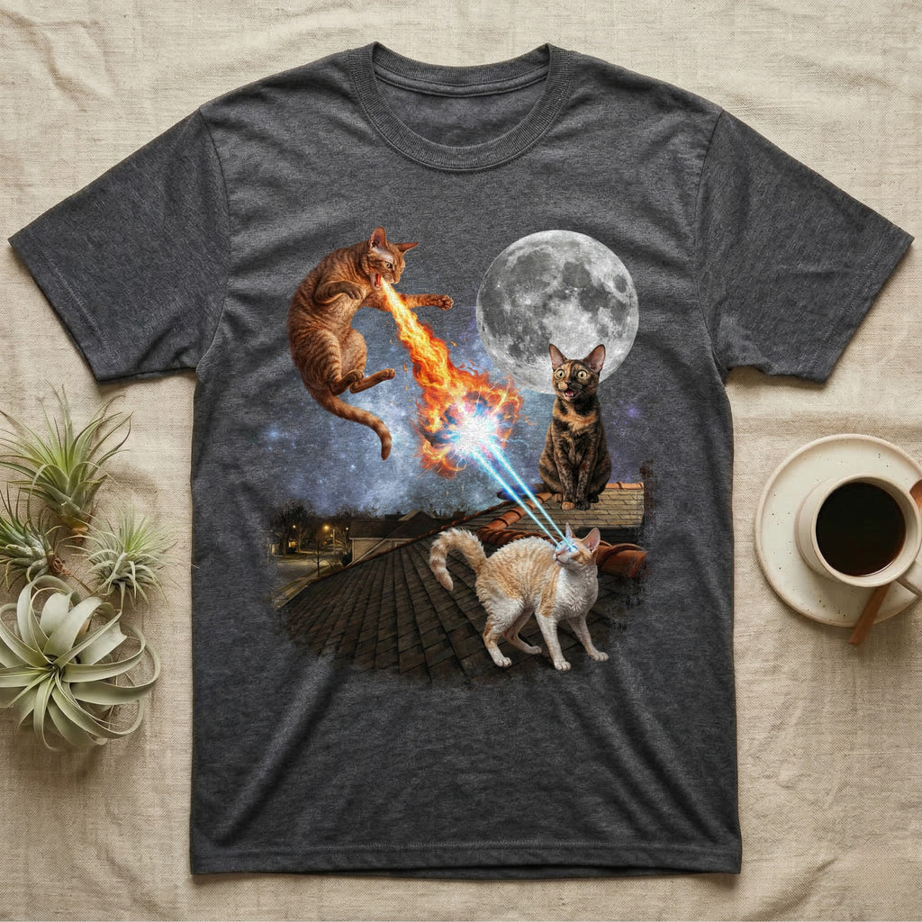 Two cats on a rooftop with a full moon, one shooting lasers from eyes.