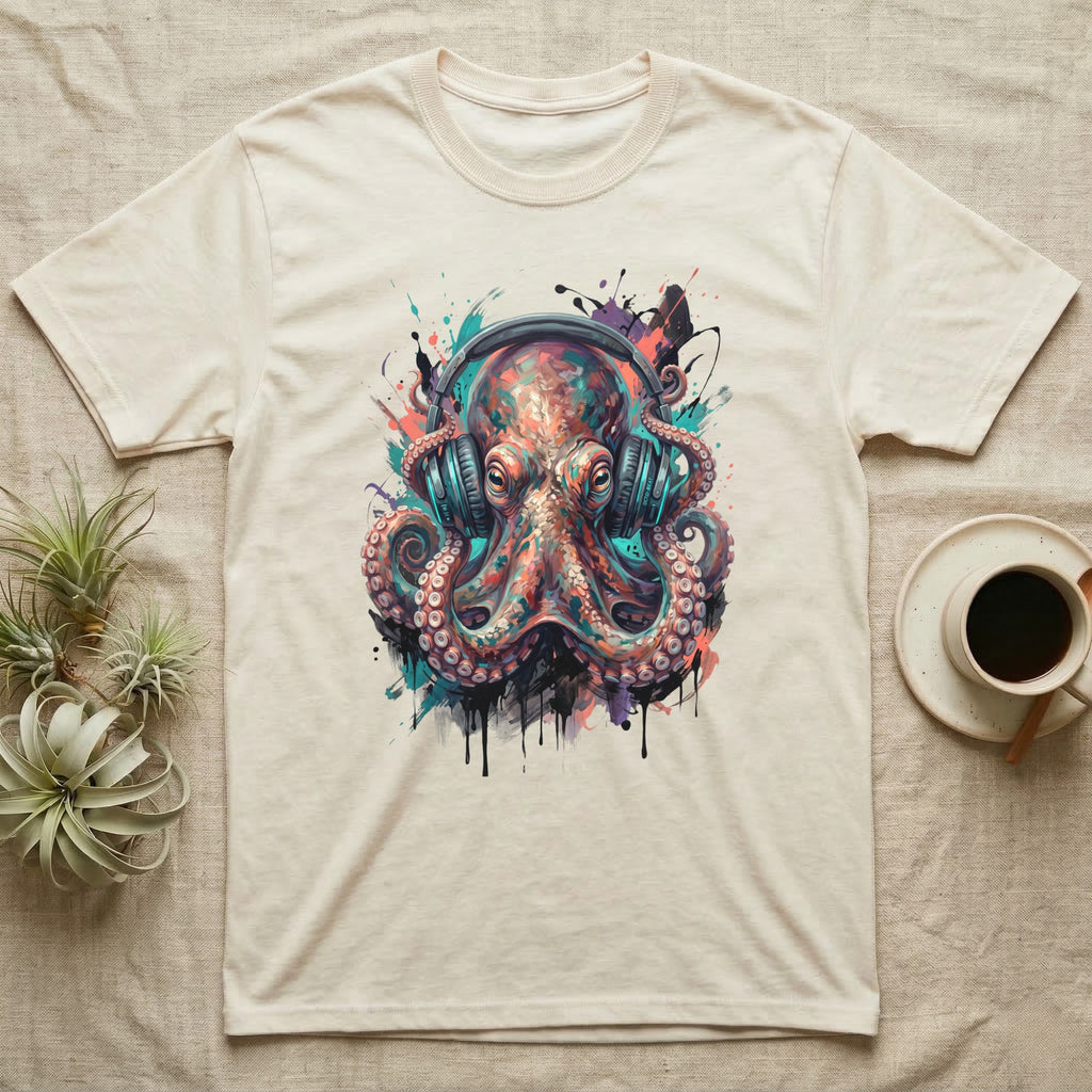 Cream t-shirt with a colorful, artistic octopus wearing headphones.