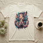 Cream t-shirt with a colorful, artistic octopus wearing headphones.