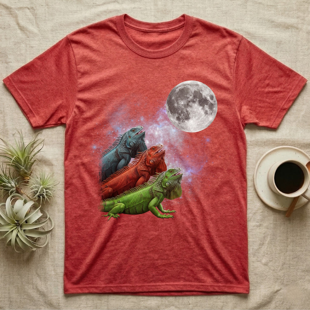 Green Iguana Moon Howl T-Shirt in Heather Red — Three Green Iguana colour morphs howling at a full moon over a nebula on a dark grey t-shirt.