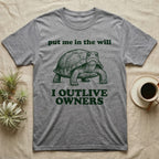 Box Turtle Inheritance T-Shirt in Sport Grey — Engraved eastern box turtle standing head-on between the words put me in the will and I OUTLIVE OWNERS.
