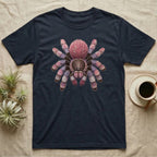 Dark t-shirt featuring a colorful spider graphic with pink and purple legs.
