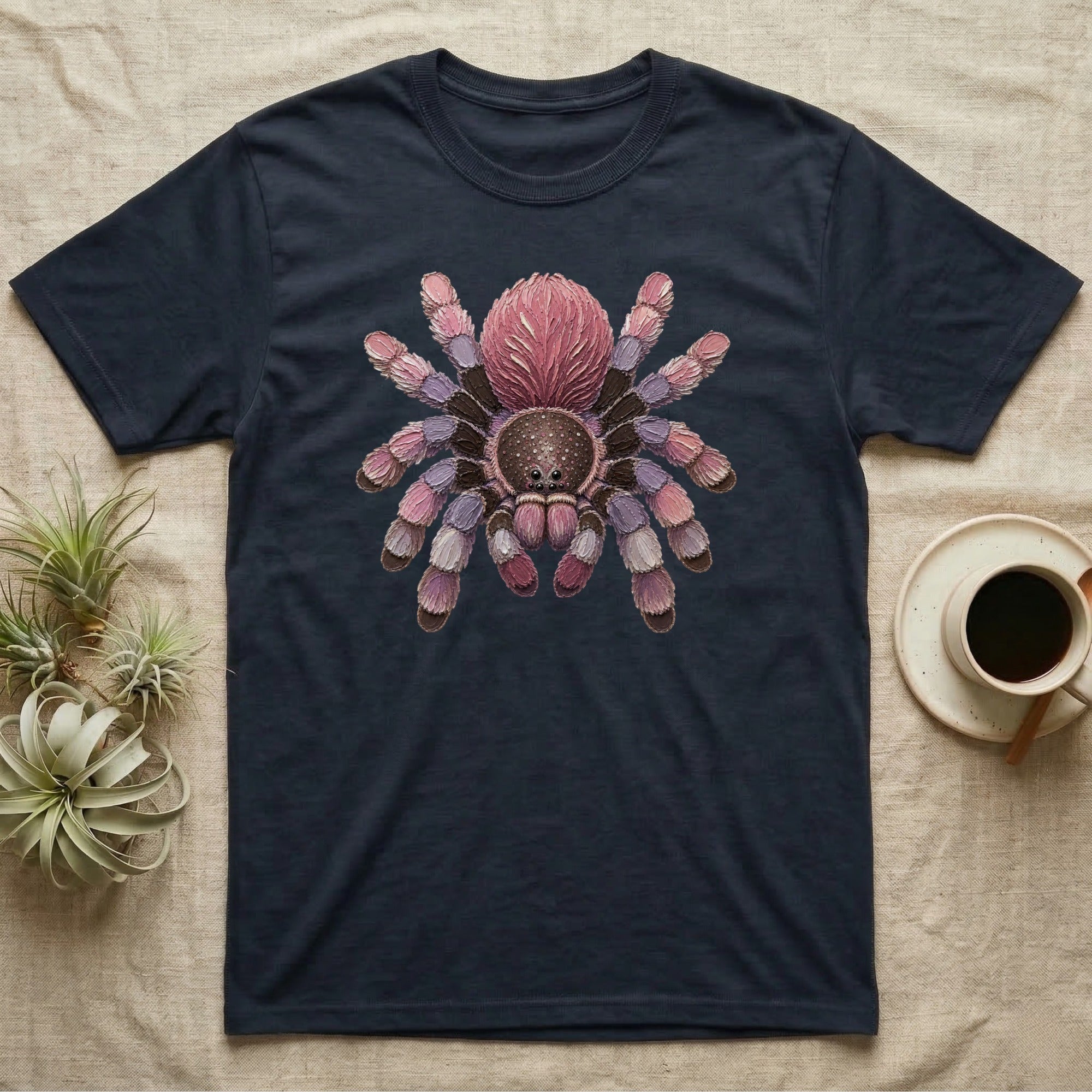 Dark t-shirt featuring a colorful spider graphic with pink and purple legs.