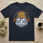 Pacman Frog Chill Beats T-Shirt in Navy — Engraved Pacman horned frog with wide bumpy skin in a beanie and headphones, aviators reflecting a woodland pond.