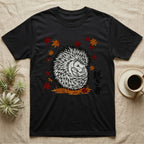 Black t-shirt with a white hedgehog and Japanese maple leaves, "Komorebi" text.