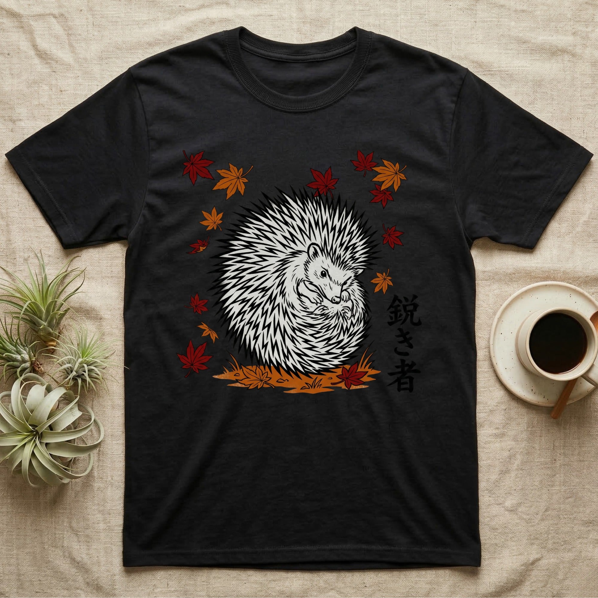 Black t-shirt with a white hedgehog and Japanese maple leaves, "Komorebi" text.