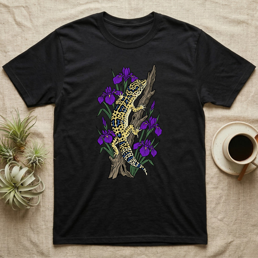 Black t-shirt with leopard gecko and purple irises on a log.