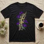 Black t-shirt with leopard gecko and purple irises on a log.