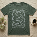 Gecko Specimen Plate T-Shirt in Military Green — Engraved white-line specimen plate of fifteen Madagascan geckos and fern sprigs on charcoal grey