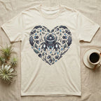 Cream t-shirt with a heart-shaped spider and floral design.