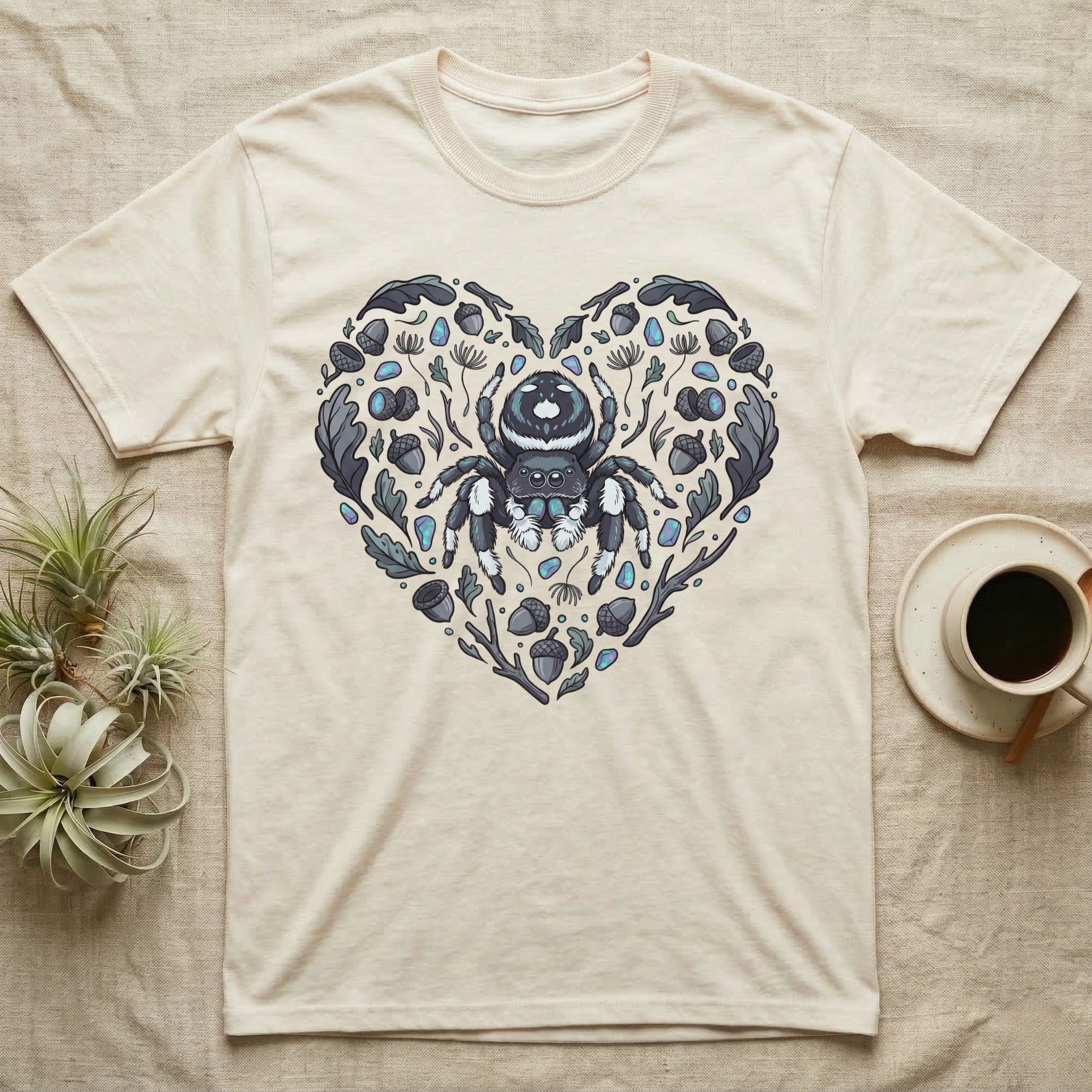 Cream t-shirt with a heart-shaped spider and floral design.
