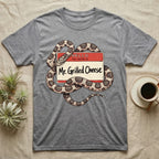 Grilled Cheese Corn Snake T-Shirt in Sport Grey — Flat retro illustration of a corn snake coiled through a "Hello my name is Mr. Grilled Cheese" name-tag badge.
