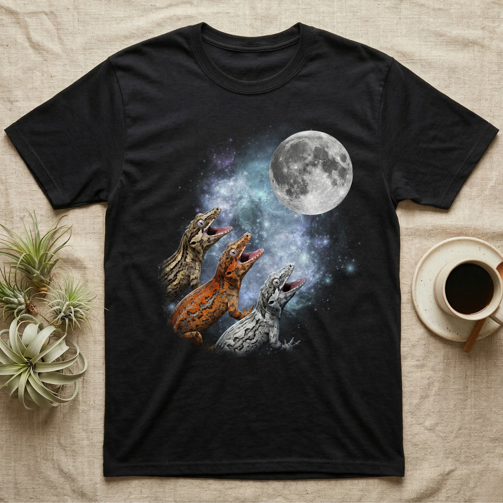 Gargoyle Gecko Moon Howl T-Shirt in Black — Three Gargoyle Gecko colour morphs howling at a full moon over a nebula on a dark grey t-shirt.