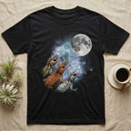Gargoyle Gecko Moon Howl T-Shirt in Black — Three Gargoyle Gecko colour morphs howling at a full moon over a nebula on a dark grey t-shirt.