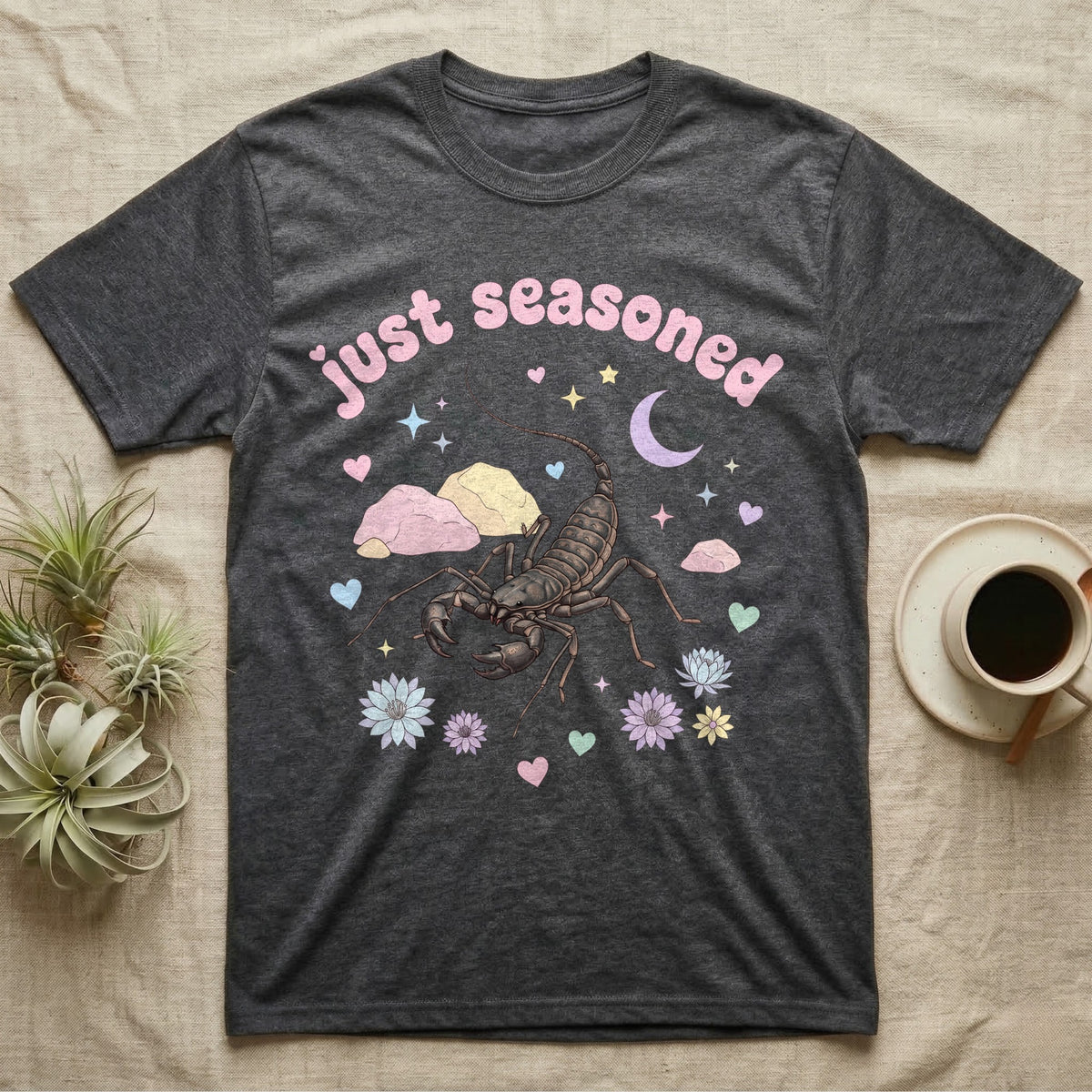 Giant Vinegaroon Baby T-Shirt in Dark Heather — Pastel giant vinegaroon with pincers and whip tail among rocks and a crescent moon, puffy pink wordmark "just seasoned" above.