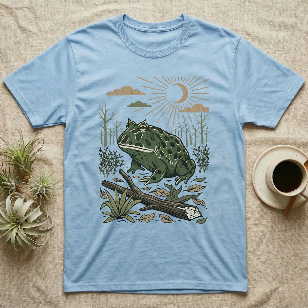 Pacman Frog Home Range T-Shirt in Light Blue — Woodcut-style illustration of a pacman frog sitting on the Chaco forest floor among fallen branches and thorn scrub, no on-shirt text.