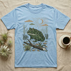 Pacman Frog Home Range T-Shirt in Light Blue — Woodcut-style illustration of a pacman frog sitting on the Chaco forest floor among fallen branches and thorn scrub, no on-shirt text.