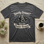 Jumping Spider Viking Helmet T-Shirt in Dark Heather — Ink-sketch jumping spider in a Viking helmet over a web, banner reading "More Like Spider Season."