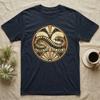 Dark t-shirt with a circular art deco design featuring a stylized snake or worm.