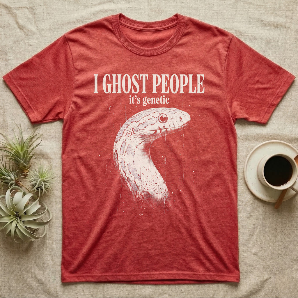 Ghost Corn Snake T-Shirt in Heather Red — Gritty one-ink white print of a pale ghost corn snake head under the words I GHOST PEOPLE, it's genetic, on black
