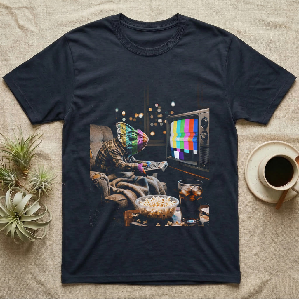 Veiled Chameleon TV Static T-Shirt in Navy — Veiled chameleon slouched in an armchair with a remote, its head glowing in retro TV test-pattern colour bars.