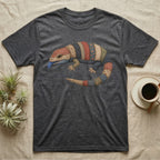 Dark grey t-shirt with a colorful patchwork lizard design and blue tongue.