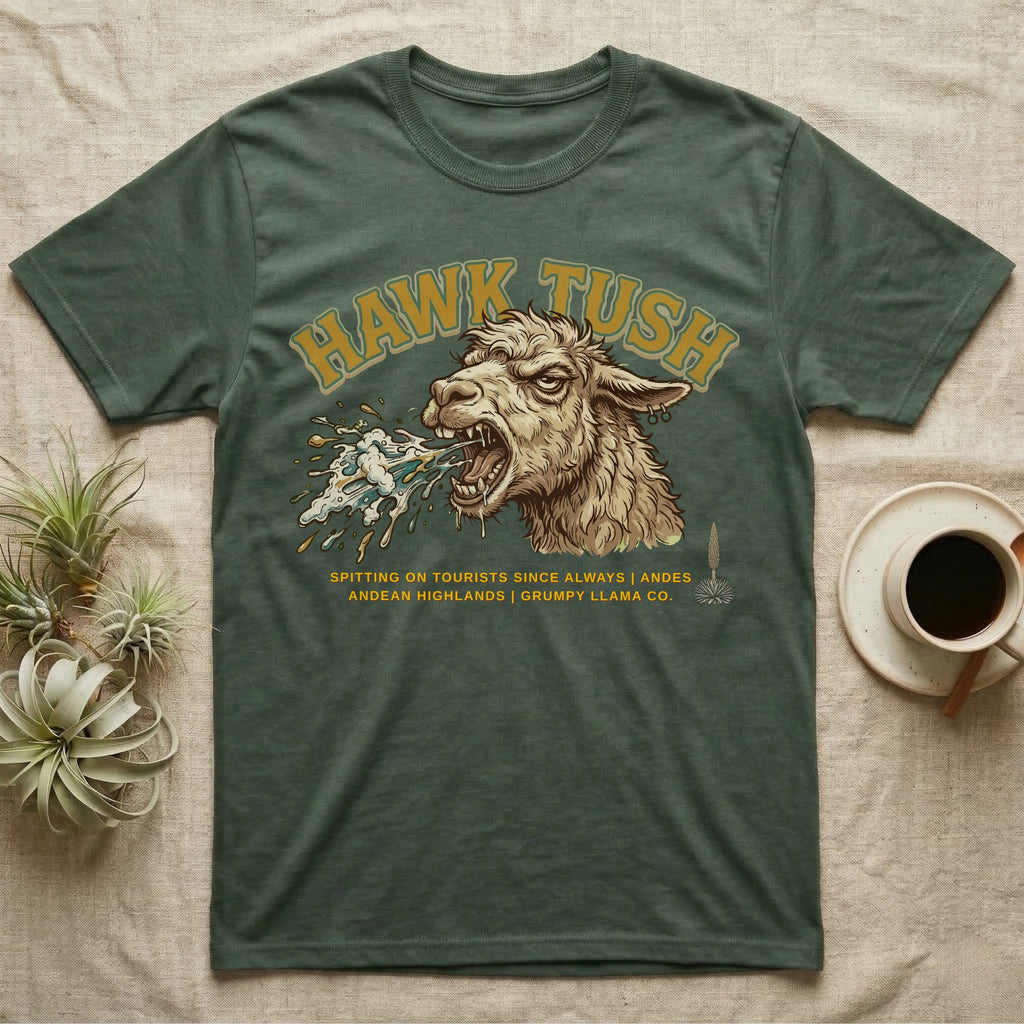 Hawk Tush T-shirt with a spitting llama design and text.
