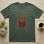 Dorsal-view illustration of a rhinoceros beetle with a forked amber horn and rust-red elytra in bold vintage comic ink line and halftone shading, no on-shirt text. — shown on a Military Green tee.