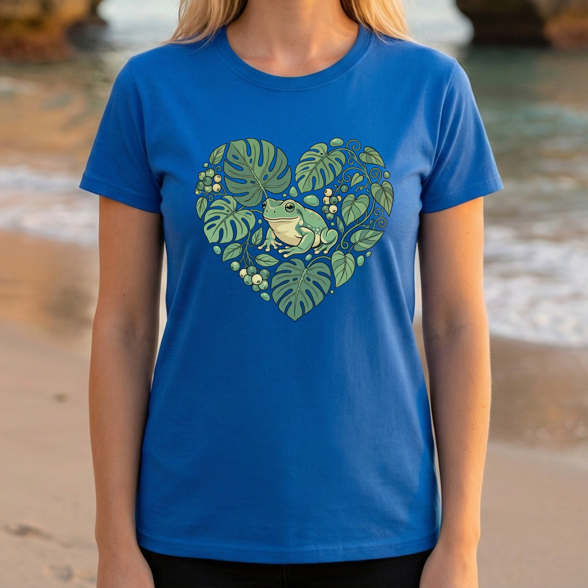 Blue Shirt with Heart Shaped Frog and Leaves Print