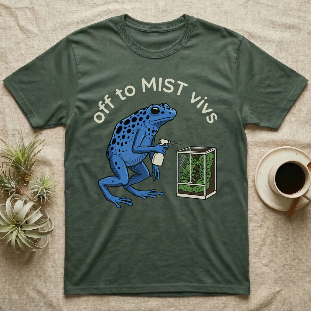 Dart Frog Misting T-Shirt in Military Green — Spotted blue dart frog spraying a planted vivarium under the words off to MIST vivs