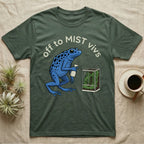 Dart Frog Misting T-Shirt in Military Green — Spotted blue dart frog spraying a planted vivarium under the words off to MIST vivs