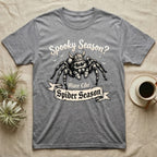 Jumping Spider Viking Helmet T-Shirt in Sport Grey — Ink-sketch jumping spider in a Viking helmet over a web, banner reading "More Like Spider Season."
