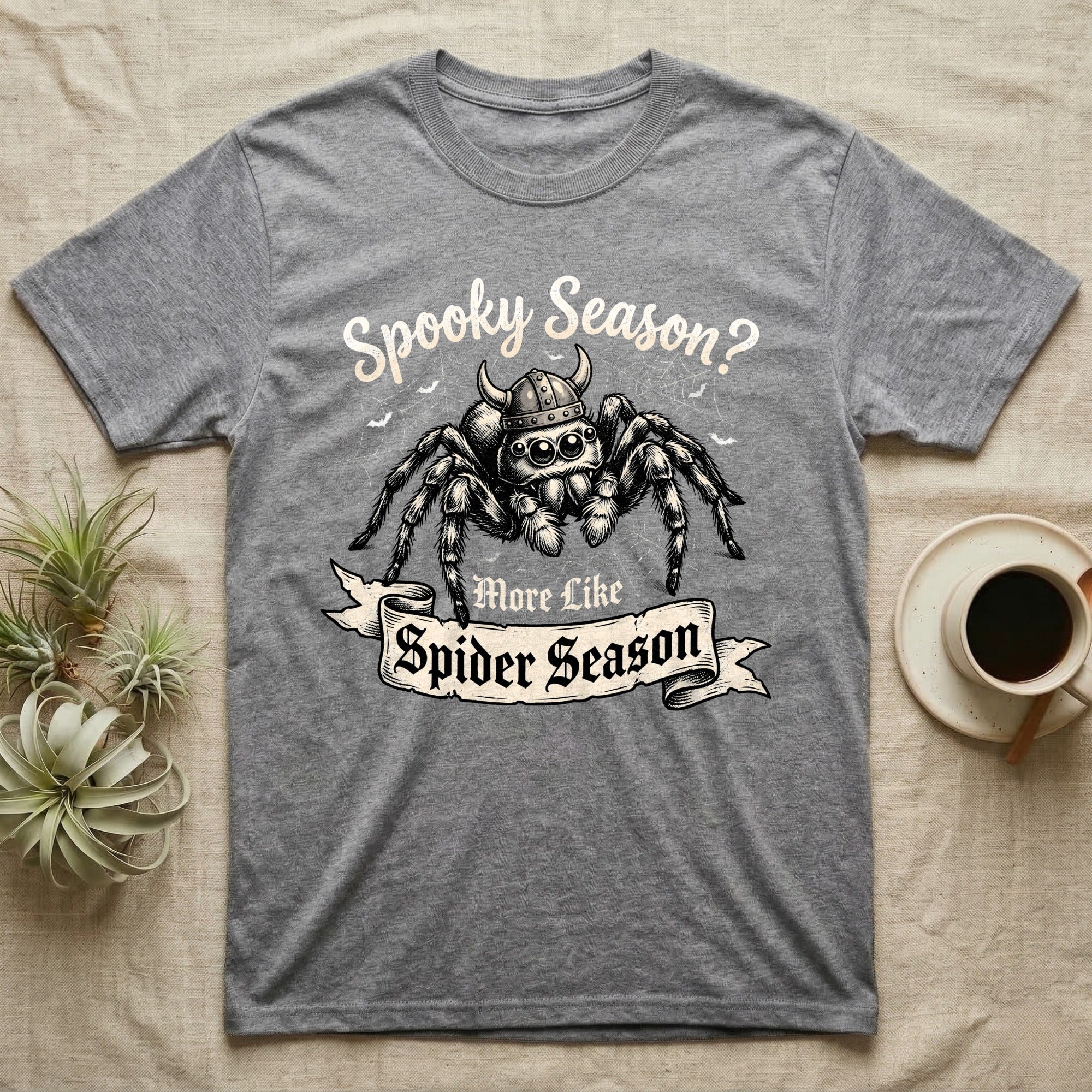 Jumping Spider Viking Helmet T-Shirt in Sport Grey — Ink-sketch jumping spider in a Viking helmet over a web, banner reading "More Like Spider Season."