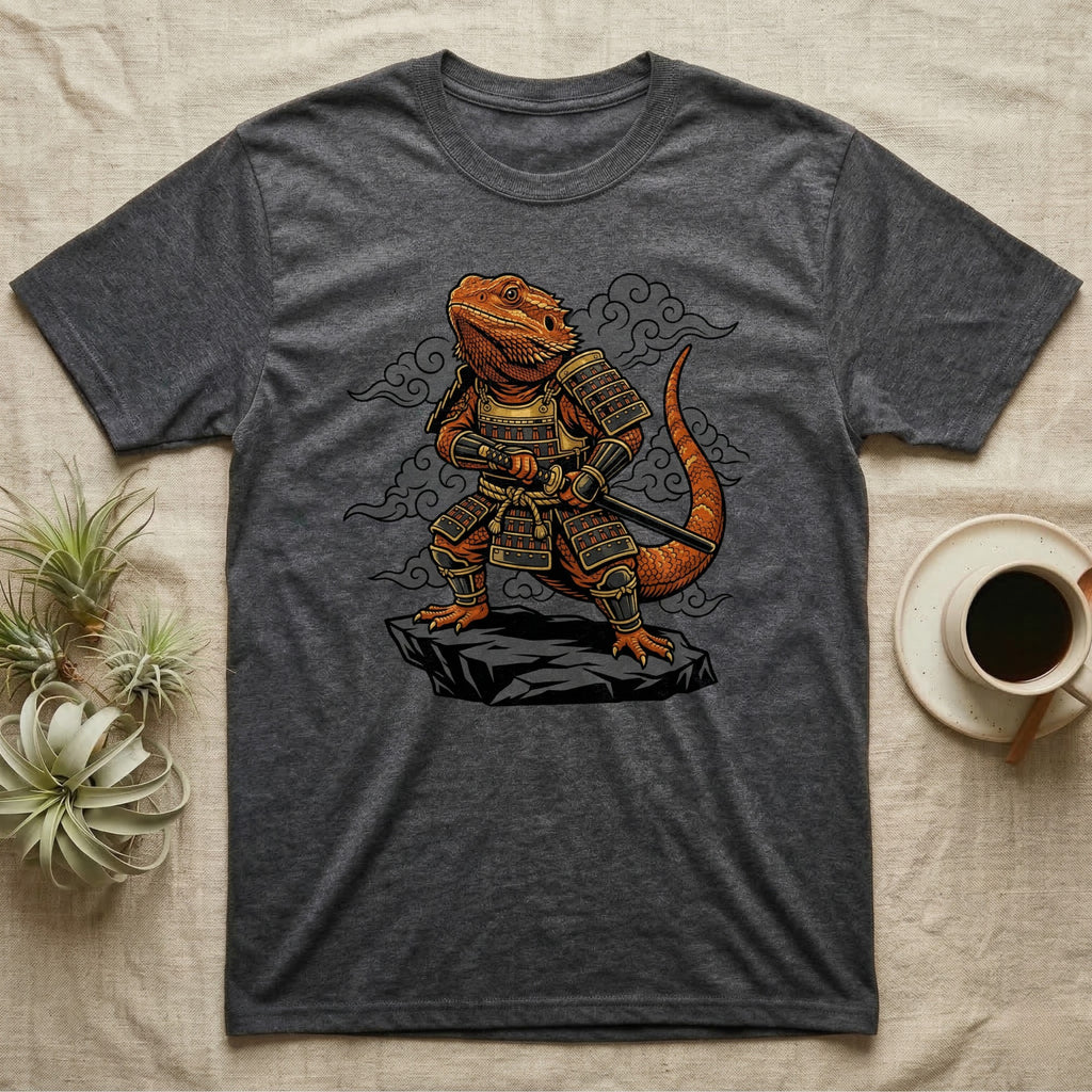 Dark grey t-shirt featuring a samurai bearded dragon on a rock.
