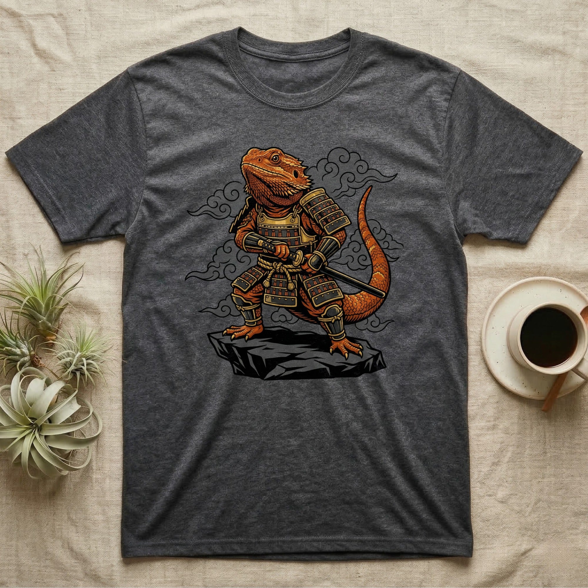 Dark grey t-shirt featuring a samurai bearded dragon on a rock.