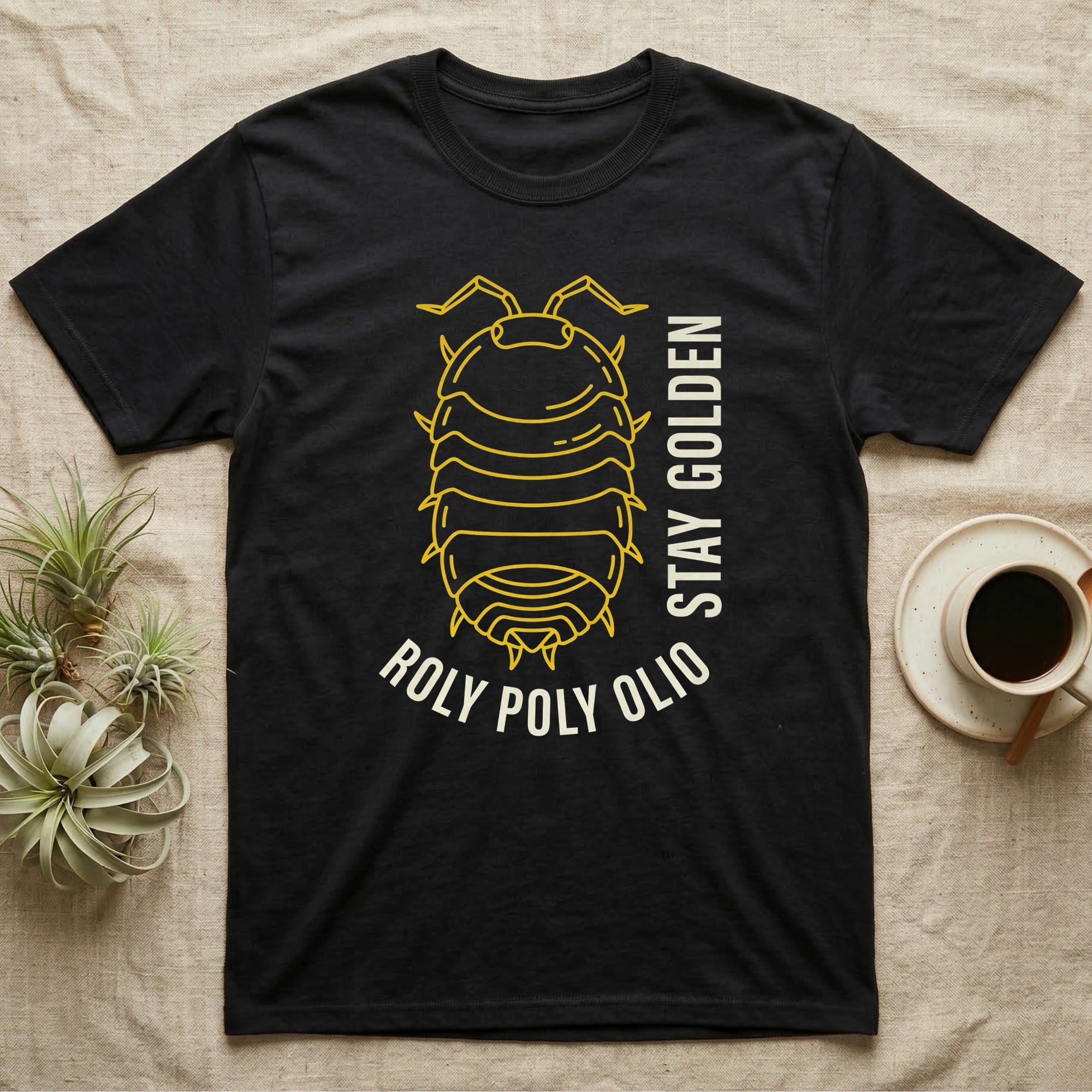 Roly Poly Isopod Stay Golden T-Shirt in Black — Golden outline drawing of a spined roly poly isopod beside vertical cream "Stay Golden" lettering.