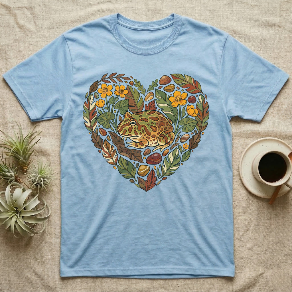 Light blue t-shirt with a frog and floral heart design.