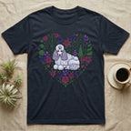 Dark t-shirt with a poodle and floral heart design.