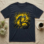Dark t-shirt with a blue and yellow macaw perched on a branch, surrounded by a sunburst.