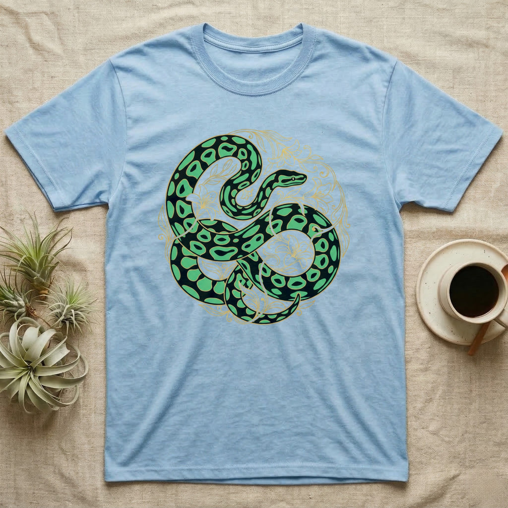 Light blue t-shirt with a green and black coiled snake design.