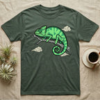 Green t-shirt with a cartoon chameleon design on a branch.