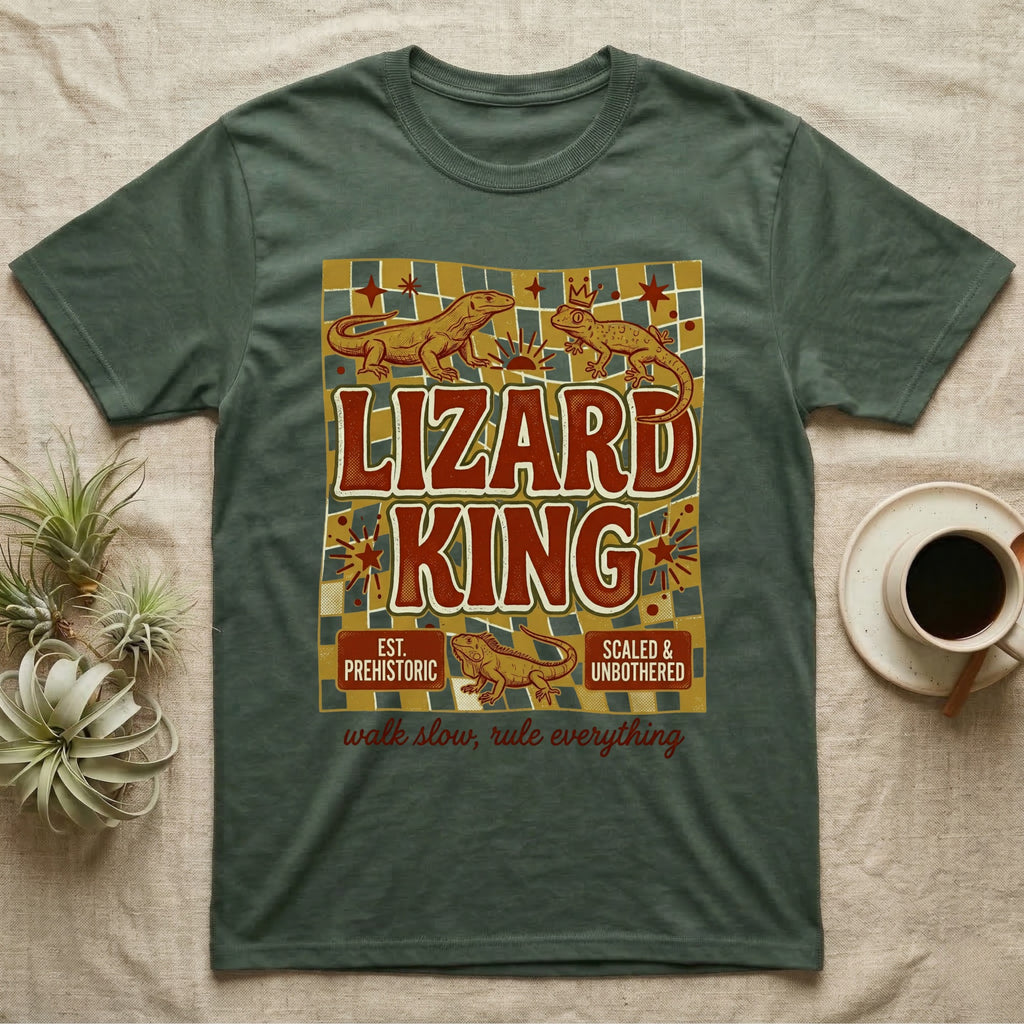 T-shirt featuring "Lizard King" text, two lizards, and a crown.