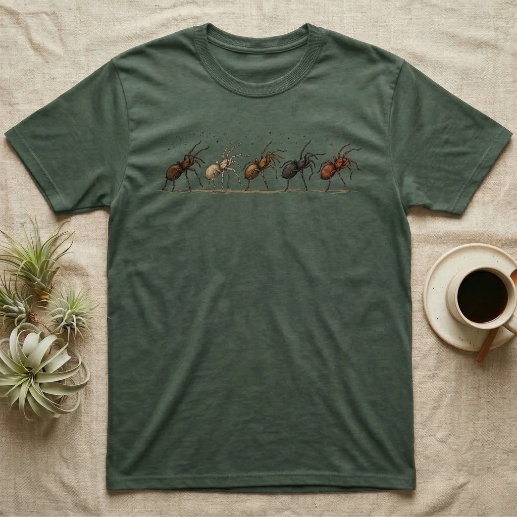 Tarantula Bachelor Parade T-Shirt in Military Green — Five tarantulas walking single file in ink and watercolour, small stars scattered in the band above them.