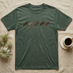 Tarantula Bachelor Parade T-Shirt in Military Green — Five tarantulas walking single file in ink and watercolour, small stars scattered in the band above them.