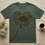 Green t-shirt with a heart design featuring a turtle, leaves, and rocks.