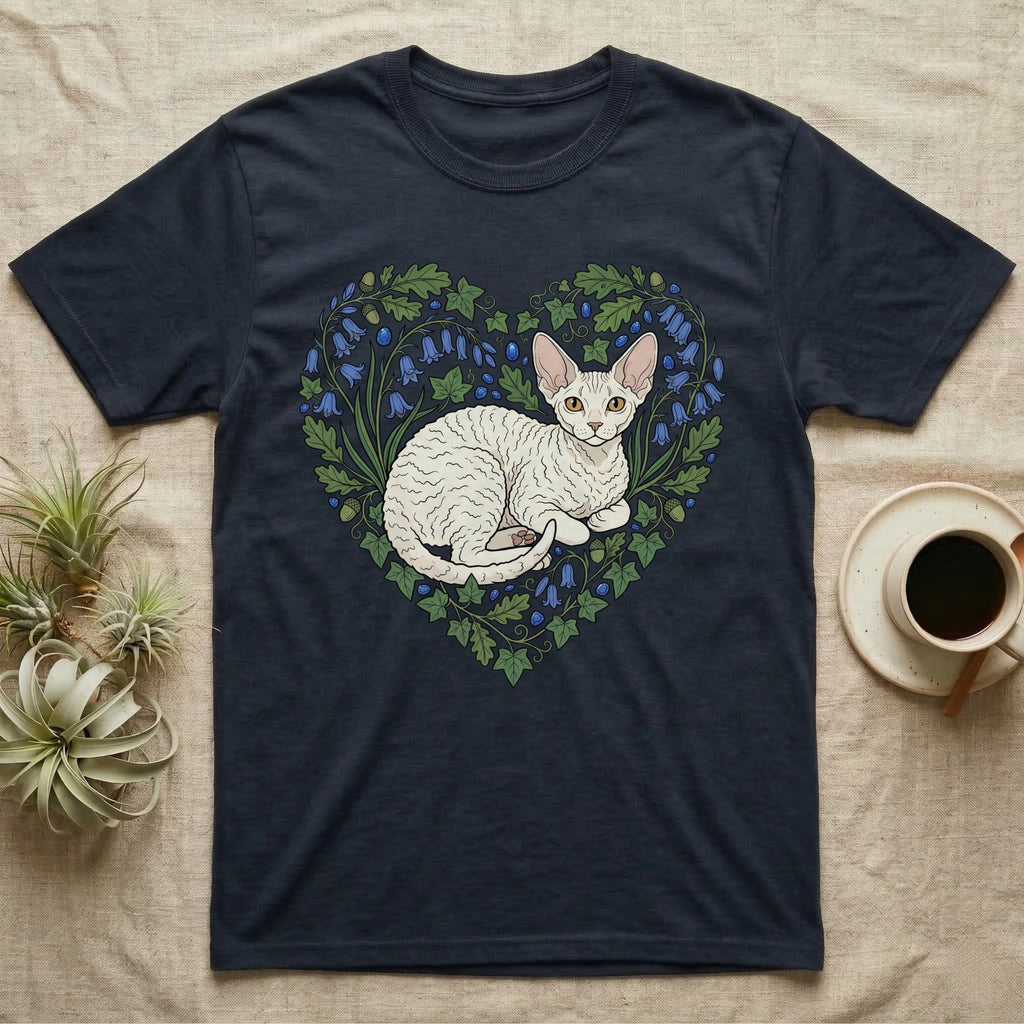 Dark t-shirt with white Cornish Rex cat in a heart-shaped floral design.