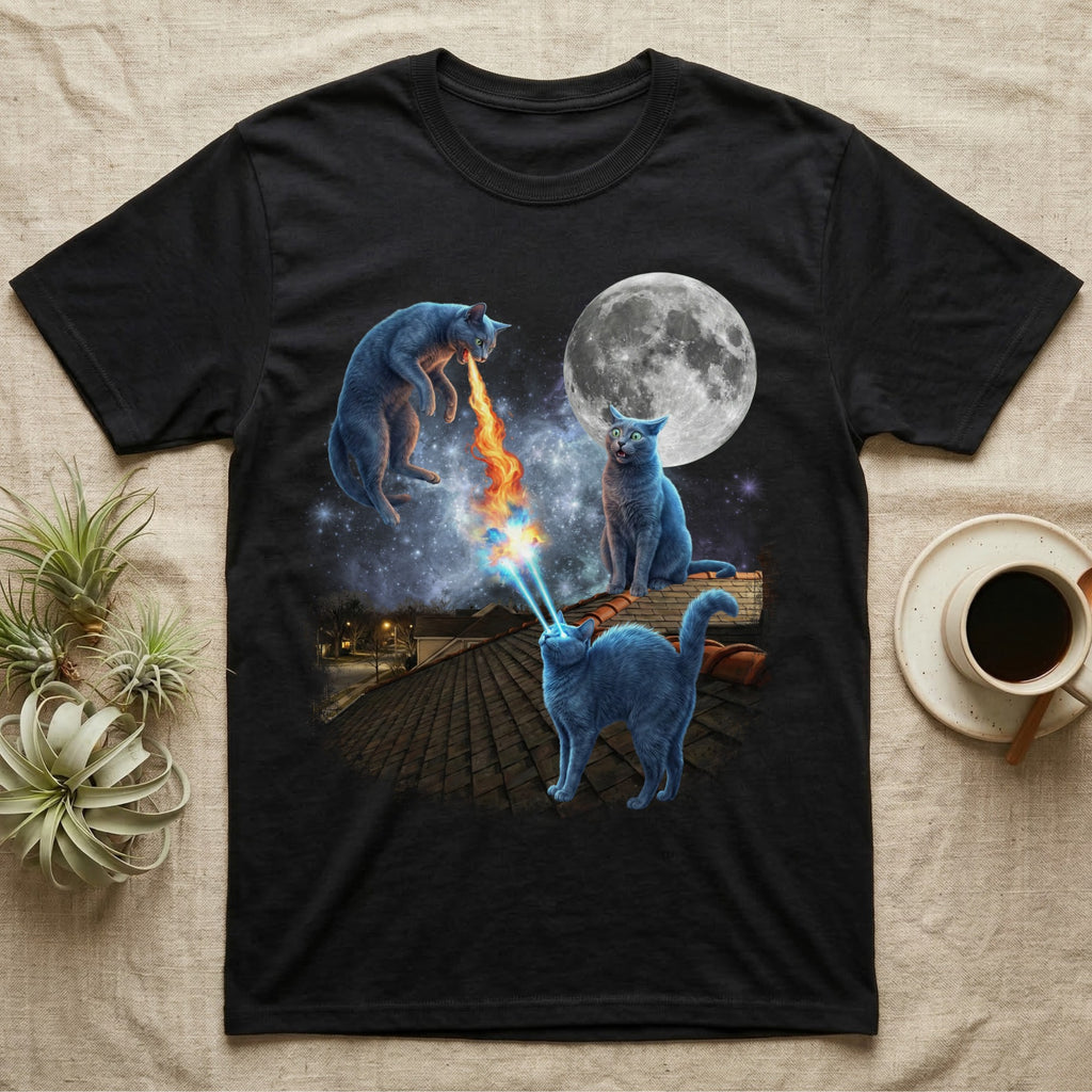 Black t-shirt with blue cats on a rooftop under a full moon.