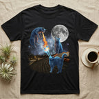 Black t-shirt with blue cats on a rooftop under a full moon.