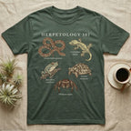 Herpetology 101 Reptile T-Shirt in Military Green — Vintage naturalist specimen plate of five terrarium animals arranged as a Herpetology 101 field-guide roster.
